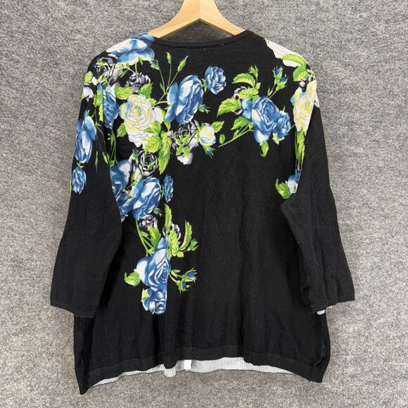 Notations Cardigan Women 2X Plus Black Floral Button Up Long Sleeve Cotton - Picture 2 of 8